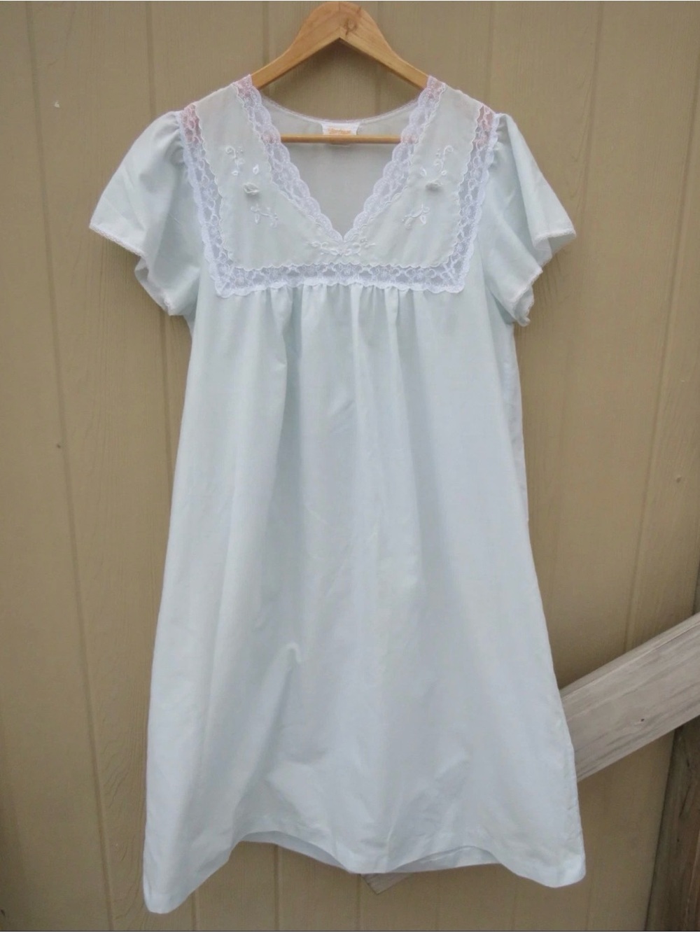 Light Blue Lace-Yoke Short Sleeve Nightgown